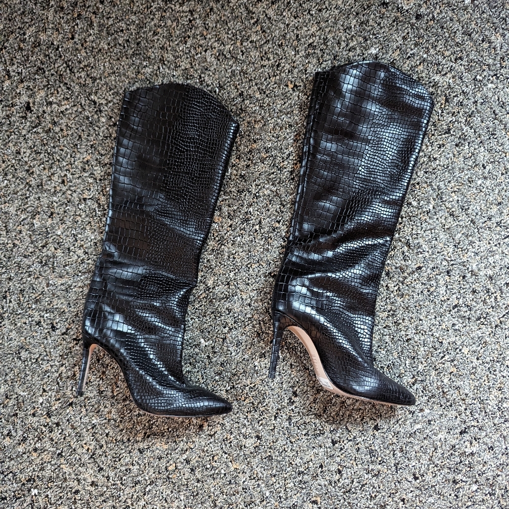SCHUTZ Maryana Black Croc-Embossed Heeled Boots